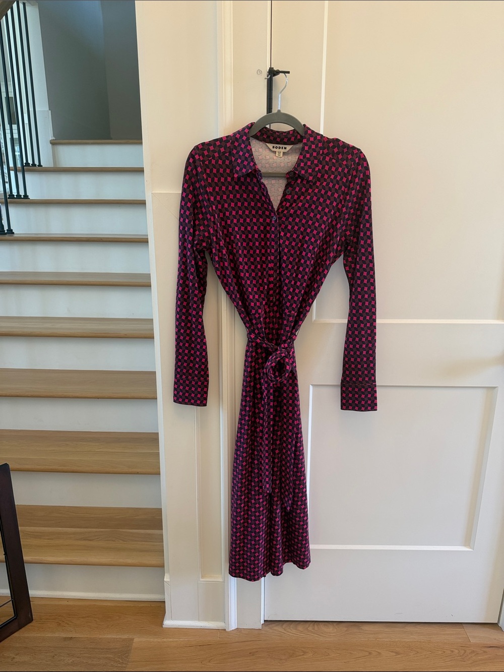 Boden Pink and Navy Long-Sleeve Tie-Waist Shirt Dress